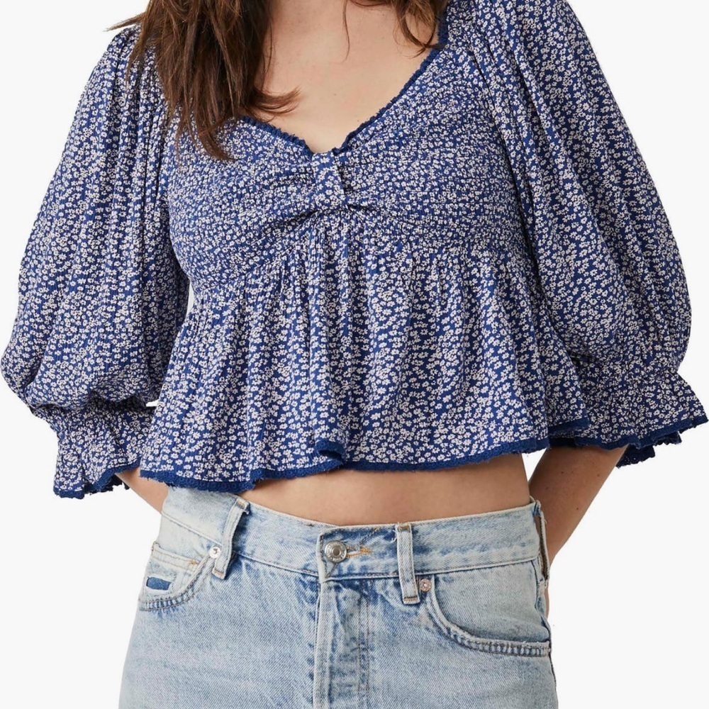 Free People Blue and White Floral Blouse